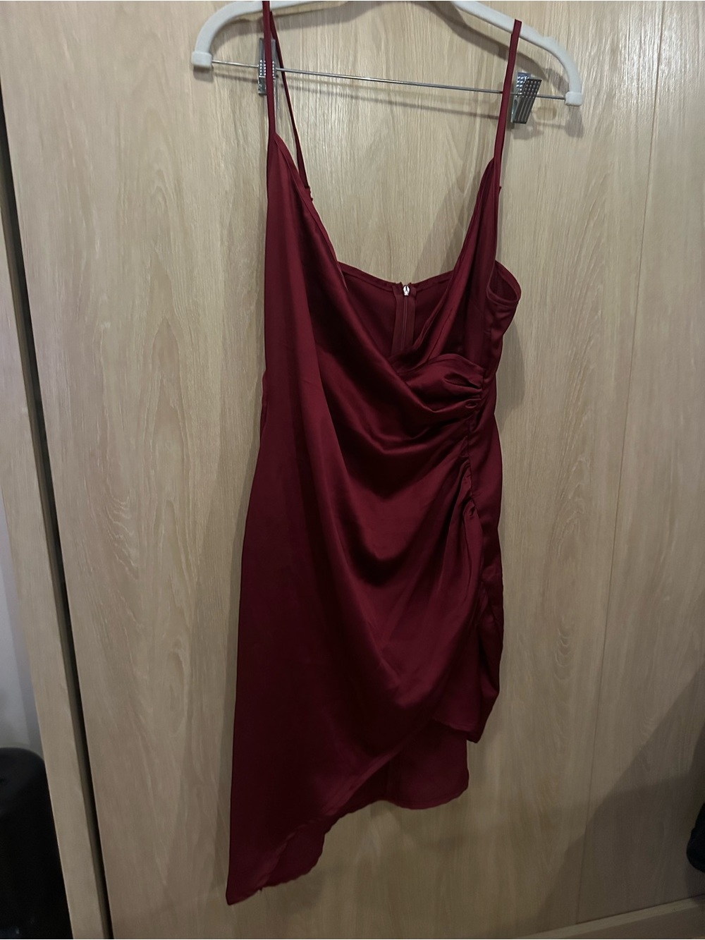 Satin Burgundy Asymmetric Slip Dress